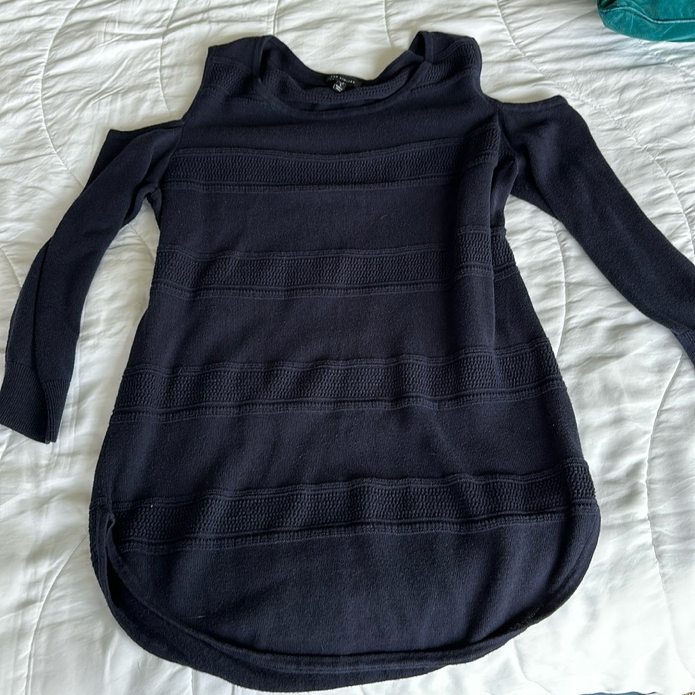 Navy “cold shoulder” style sweater